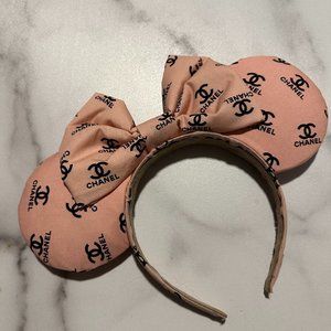 Peachy Pink Chanel Logo Print Mickey Mouse Ears with Matching Bow